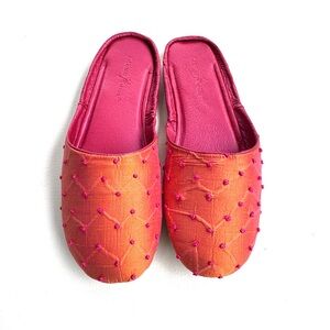 Silk Embroidered Orange and Pink Women's Slippers with leather footbed